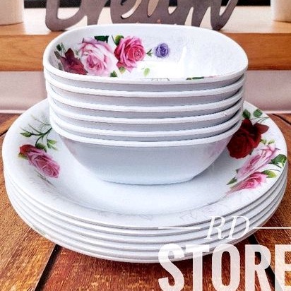 PROMO 12.PCS ISI 6.PIRING MAKAN 6.MANGKOK SAYUR BAHAN MELAMINE WARE MOTIF ROSE TEBAK DAN KUAT