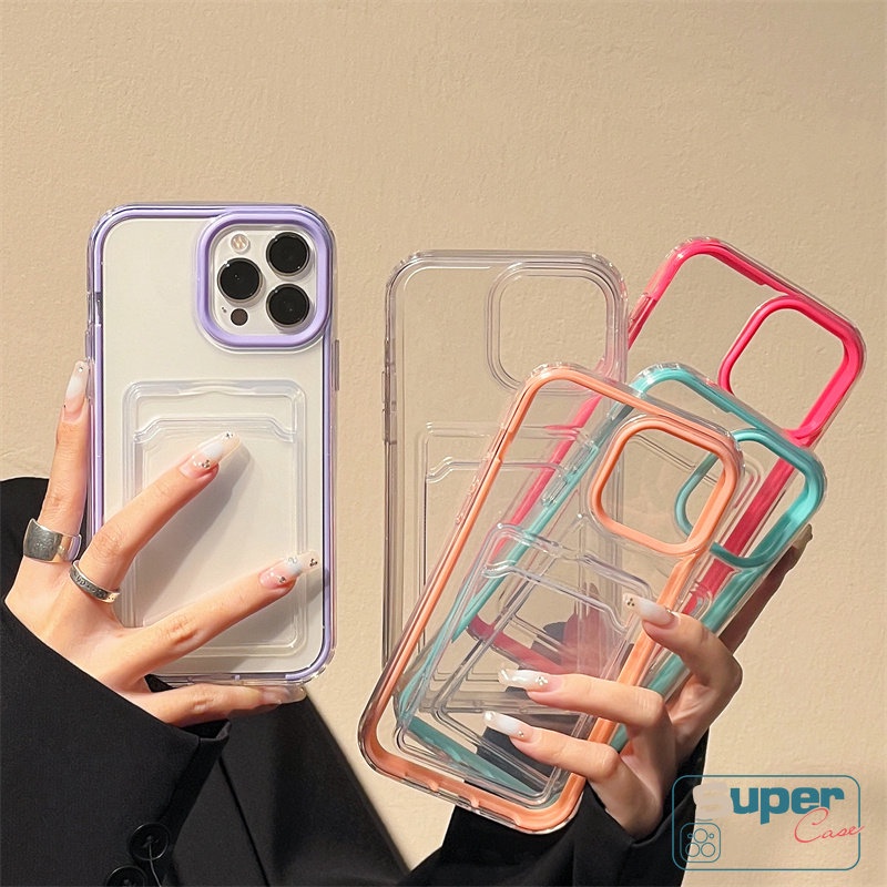 3in1 Soft Case Kartu Kredit Shockproof Warna Permen Polos Untuk iPhone 11 13 12 14 Pro MAX 7Plus 8Plus XR 7 8 6 6S Plus X XS MAX SE 2020