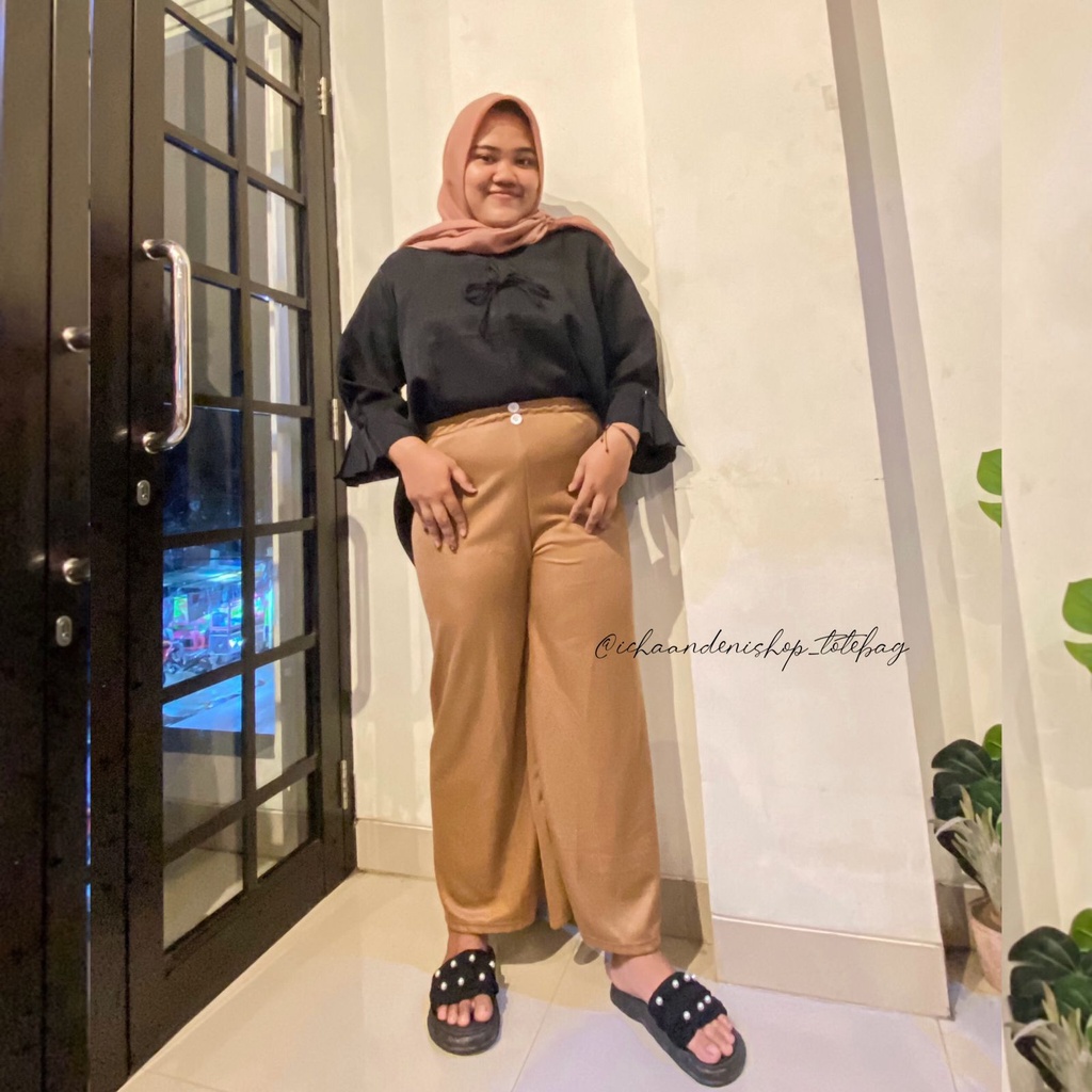 Celana Highwaist Loose Wanita Bahan Jersey Biana Kancing