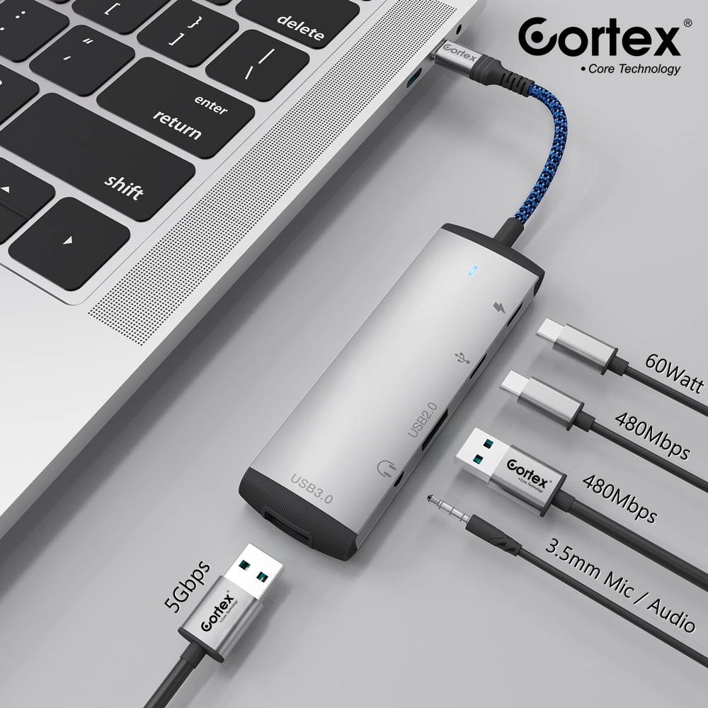 Cortex MH368 HUB Splitter 5IN1 TYPE-C to USB3.0 + 2.0 + Audio 3.5mm + TYPE-C Data With PD Charging 60W