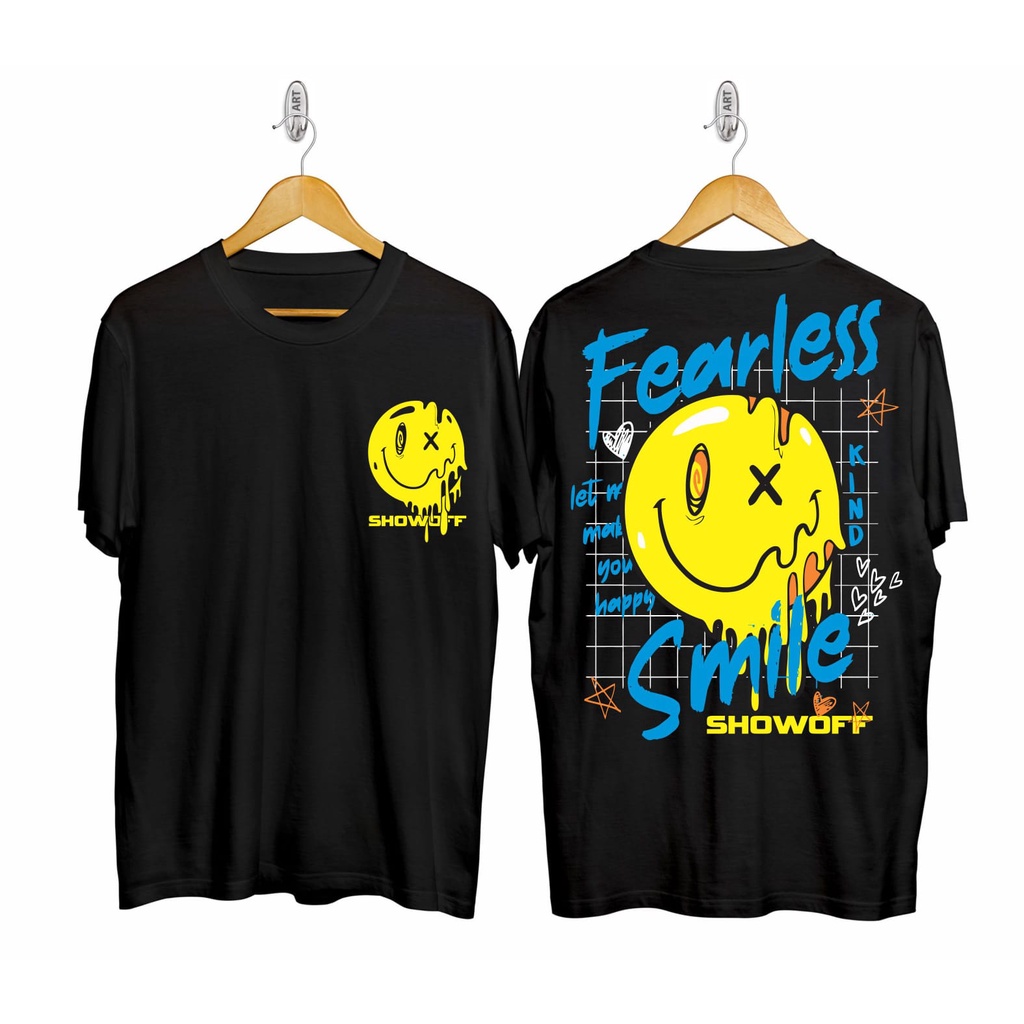 Kaos Tshirt Pria Fearless Smile Hitam Distro Lengan Pendek Motif Sablon Bergambar Keren Baju Kaos Viral Baju kaos anime