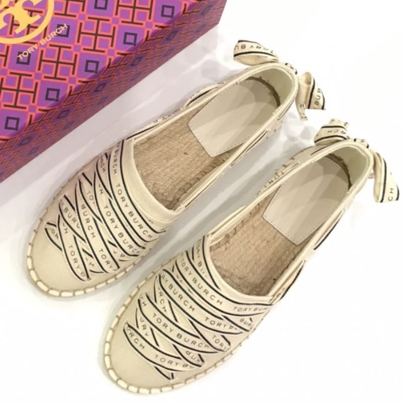 TB Bowknot Ribbon Style Canvas Material Women's Casual Shoes Flat Shoes Sepatu Wanita Tory Burch