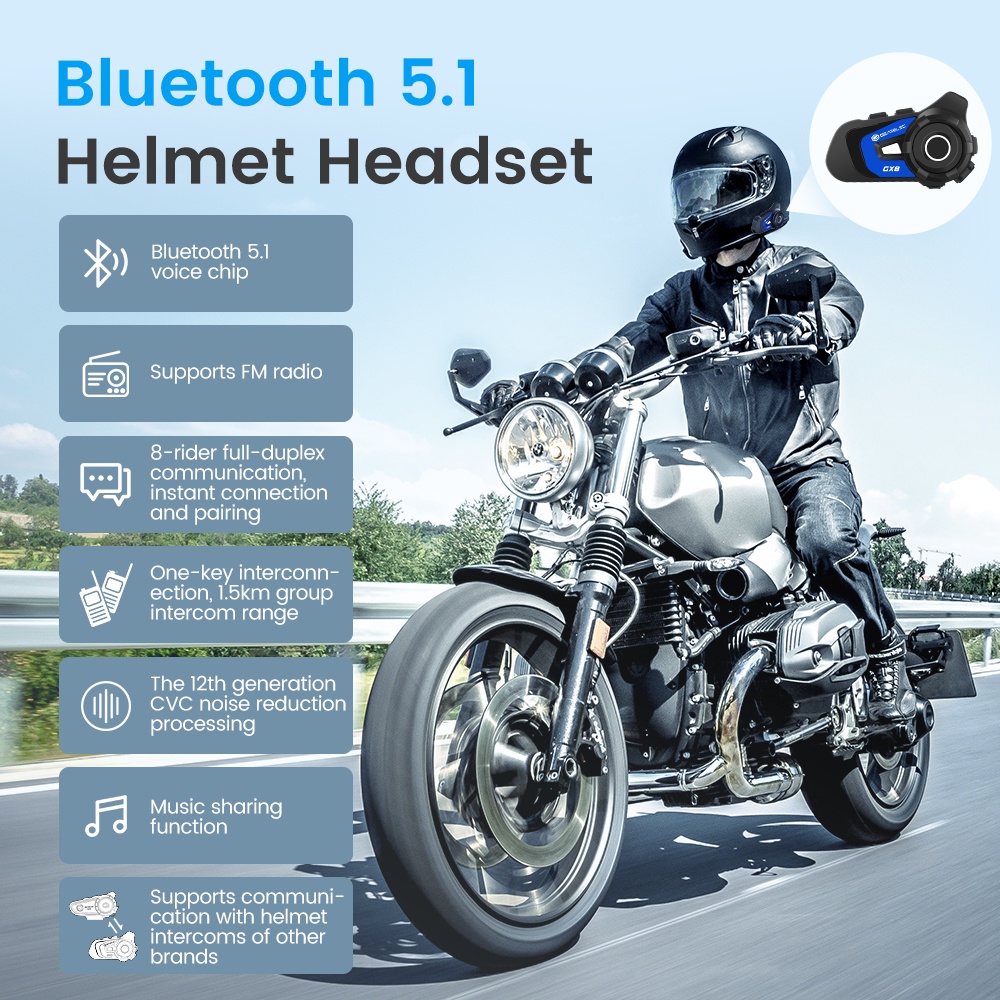 GEARELEC GX8 Helm Sepeda Motor Bluetooth Intercom Headset 8-Rider 1500m Range BT 5.1 Sistem Komunikasi Nirkabel Interphone dengan Radio FM EQ Music Sharing