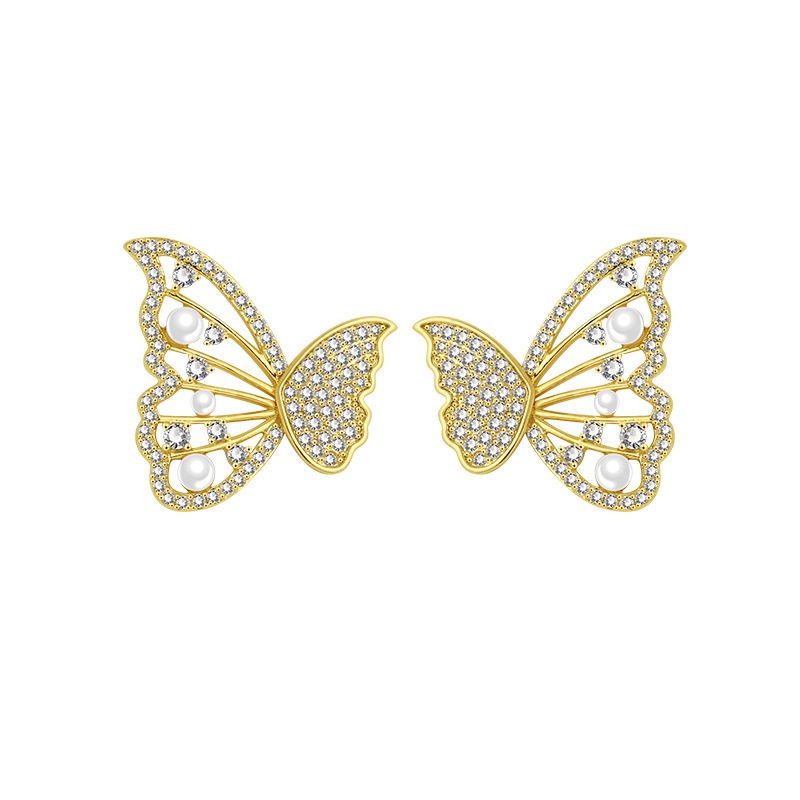 Anting Tusuk Gantung Bahan Sterling Silver 925 Desain Kupu-Kupu + Mutiara Gaya Korea Untuk Wanita Butterfly