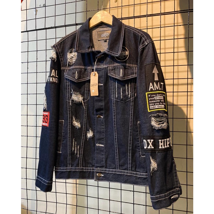 Jaket Denim Pria Model Emblem Bordir Hiphop Eighteen Black Garmen
