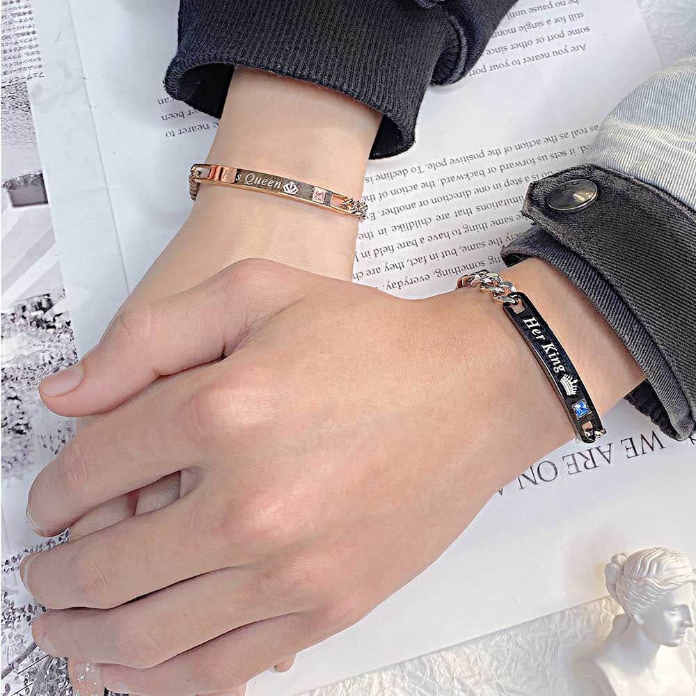 His Gelang Rantai Bahan Stainless Steel Warna Rose Gold Hitam Silver Aksen Berlian Kristal Untuk Pasangan