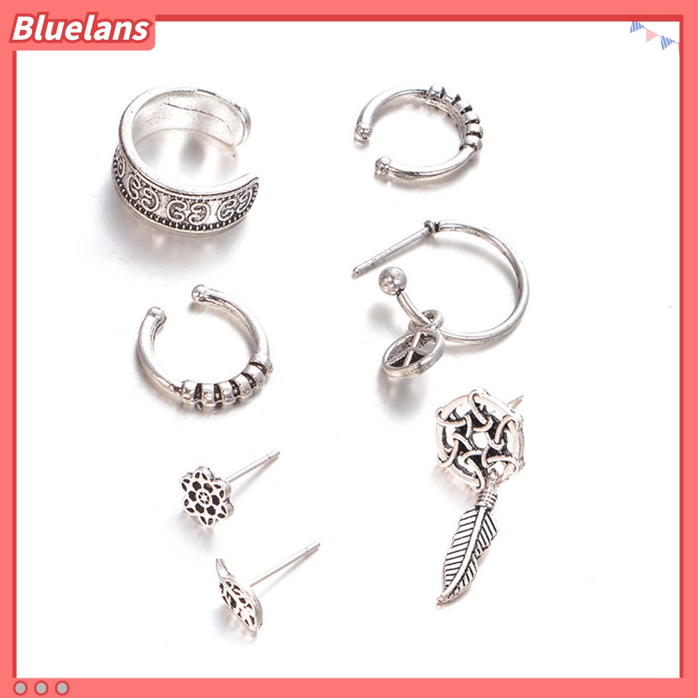 Bluelans 7Pcs Dream Catcher Leaf Ear Cuff Stud Earrings Women Vintage Jewelry Gift