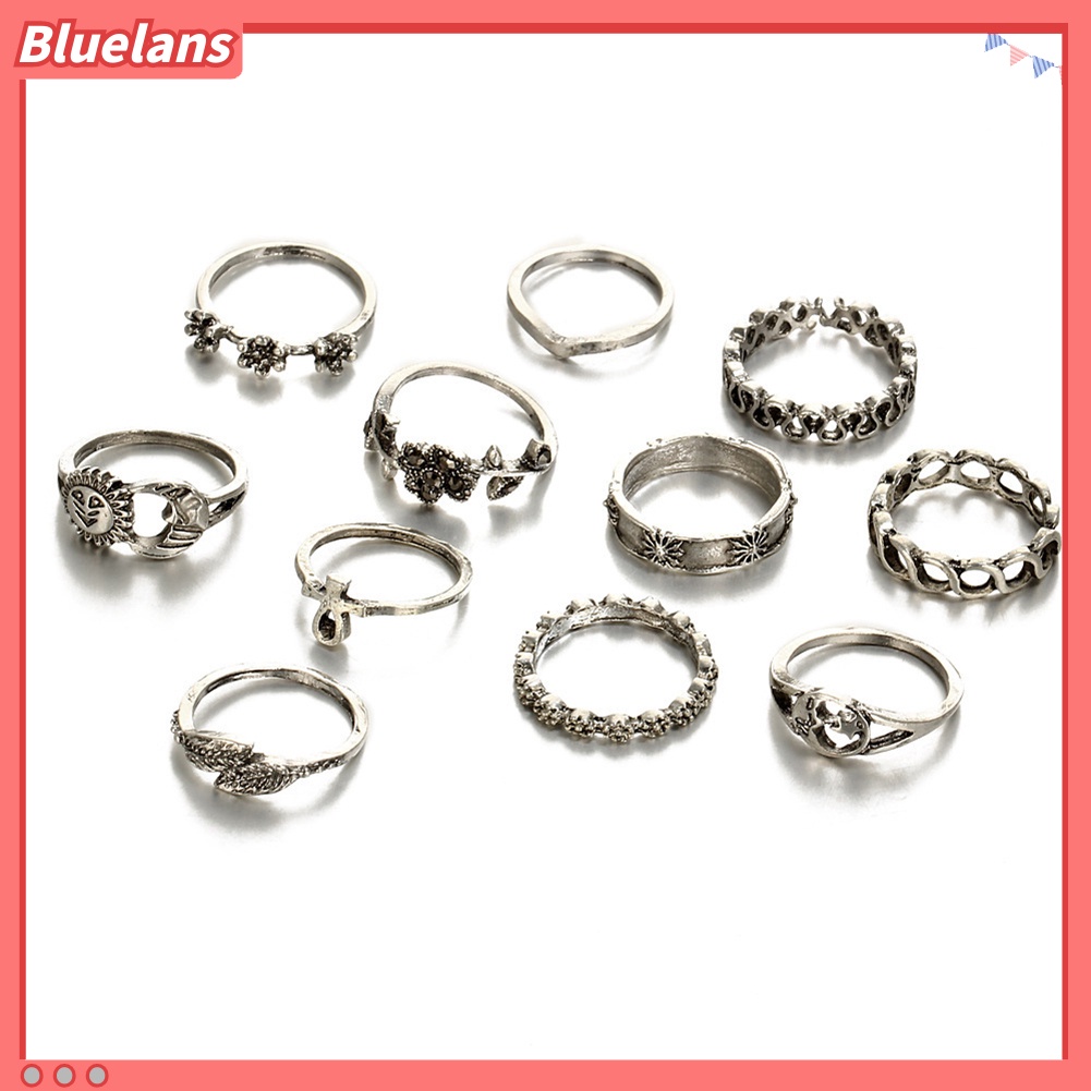 Bluelans 11Pcs Bohemian Sun Moon Star Flower Hollow Above Knuckle Women Midi Ring Set