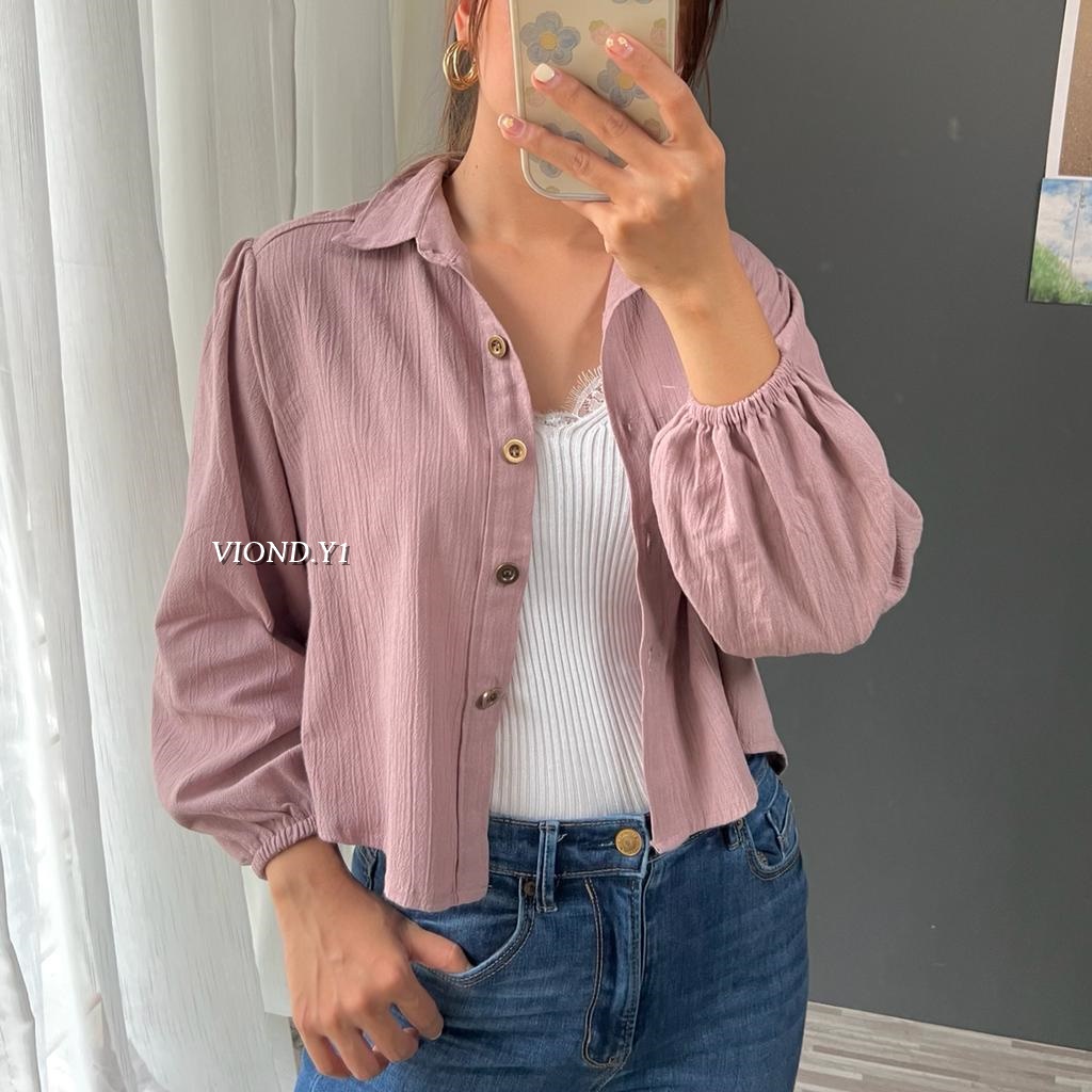 Atasan Wanita Korea Crop / Kemeja Linen Polos / Shirt Lengan Panjang / Blouse Longshirt E09