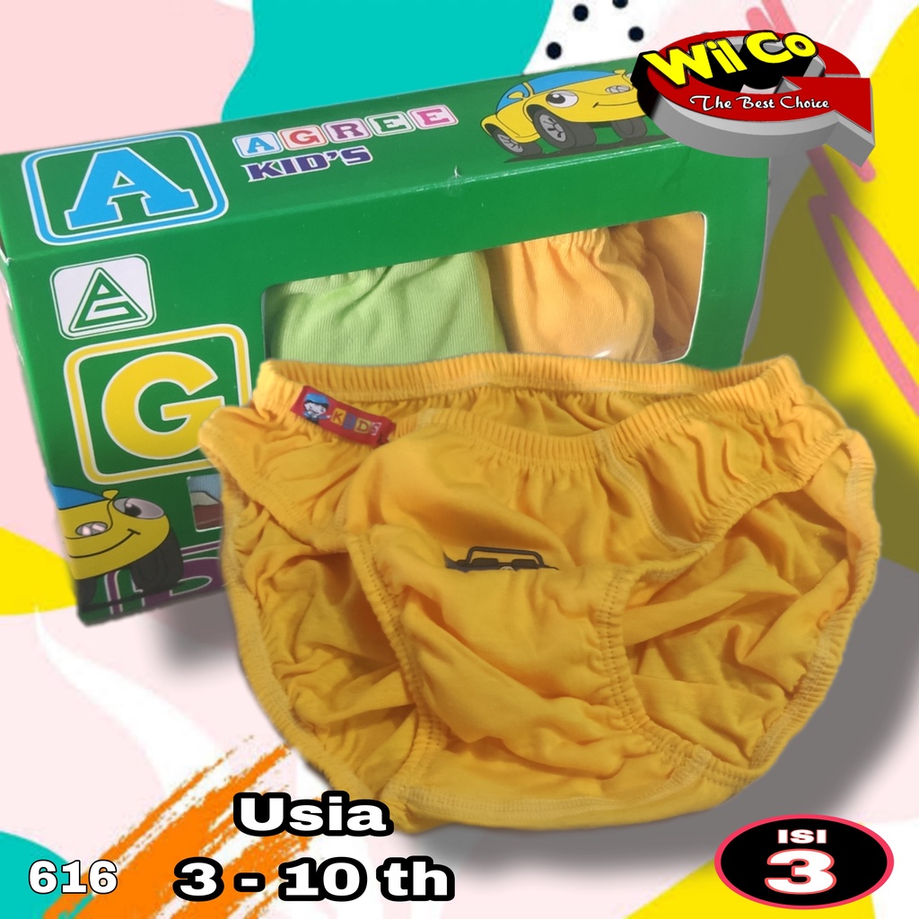 K616 (6-12 pcs) Agree Kids Celana Dalam Anak Laki laki, Cd Anak Cowok Size S M L XL (usia 3 - 11 th)