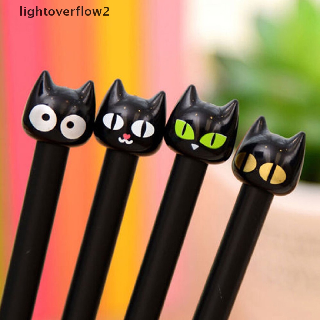 (lightoverflow2) 4pcs Pulpen Gel 0.5mm Bentuk Kucing Hitam Untuk Sekolah