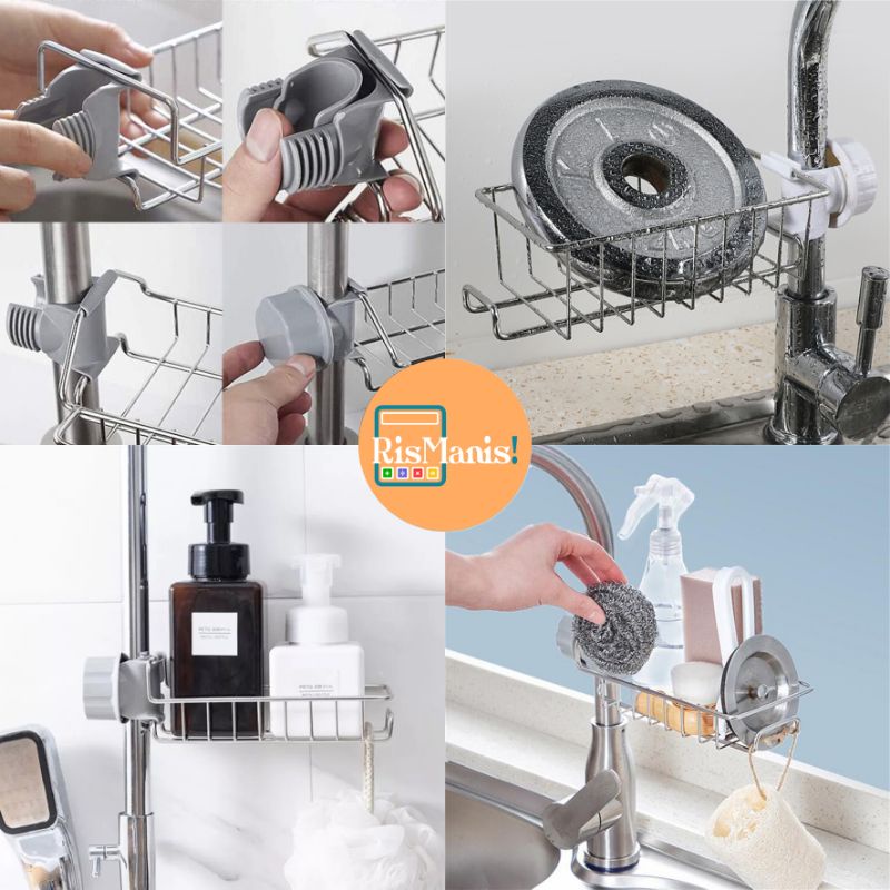 STAINLESS STEEL SINK HANGING RACK - Rak Besi Gantung Kran Wastafel Keranjang Tempat Sabun Spons Cuci Piring Organizer Dapur Anti Karat Storage Kamar Mandi Keran Air Toilet