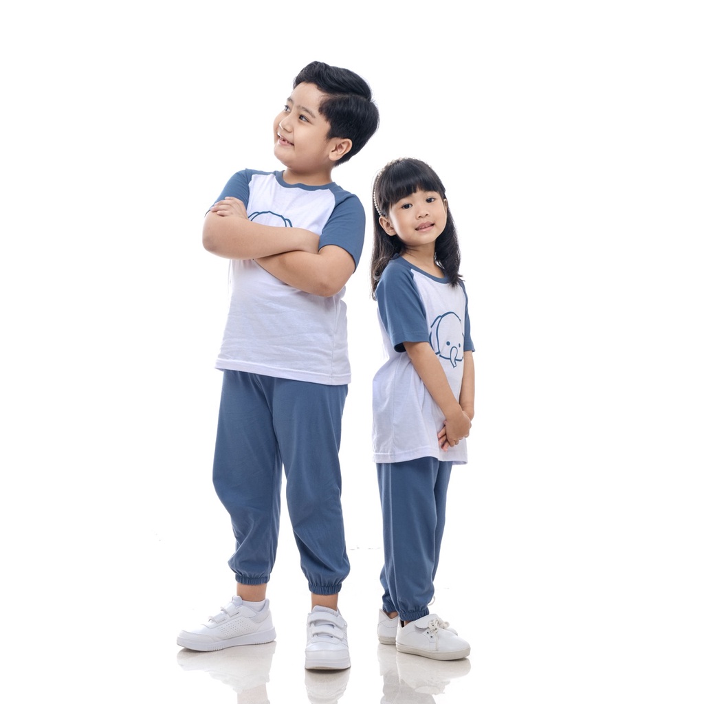 Setelan Kaos Playset Anak Setelan Joger Couple Baju Tidur Piyama Anak Raglan Unisex Celana Panjang Biru Elephant