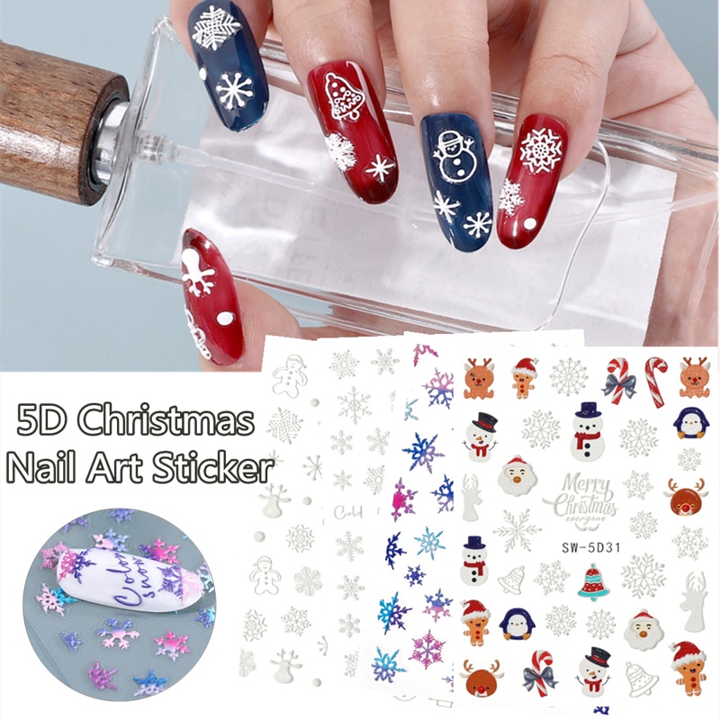 1 Lembar Stiker Kuku 5D Motif Snowflake Santa Claus Warna-Warni Tahan Air Untuk Dekorasi Nail Art