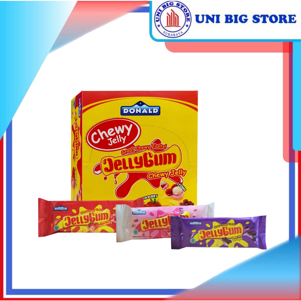 Jual Donald Chewy Jelly Gum Strawberry Lychee Grape BOX Merah 24 pcs x