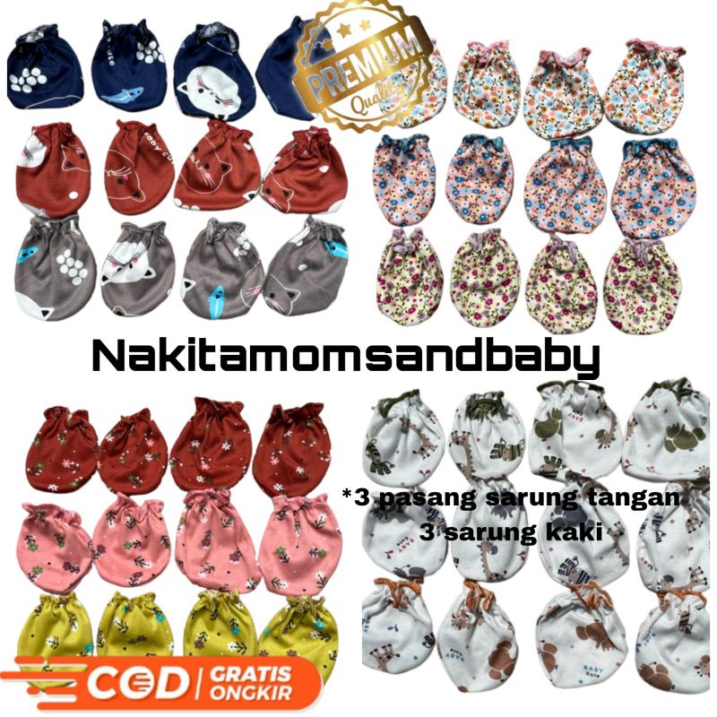 Sarung tangan dan kaki bayi printing 3 set Promo 9.9