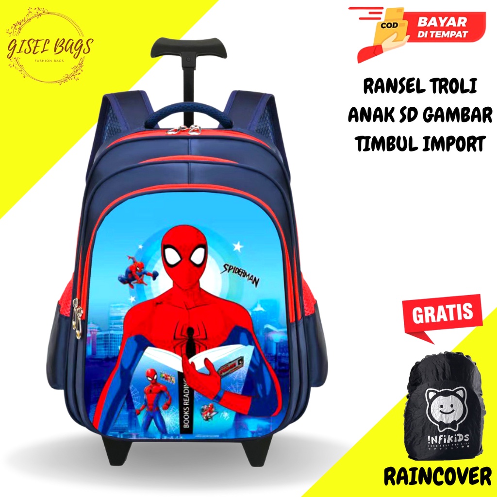 Tas troli anak laki laki sekolah sd import gambar timbul karakter superhero waterproof