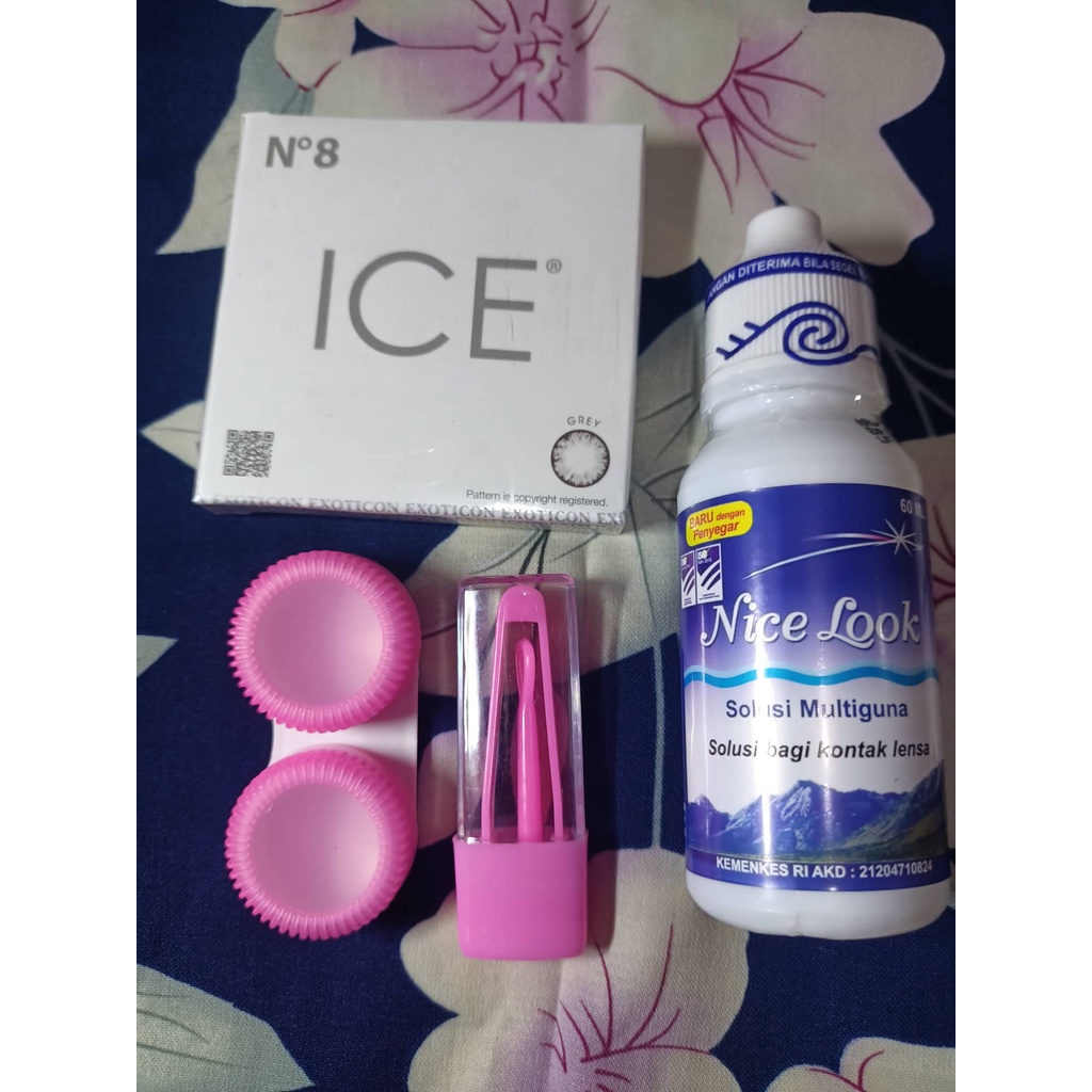 Paket Softlens Ice No 8 Normal Big Eyes Dia 16mm + Air Softlens Nice Look / Pure n Soft 60ml + Pinset + Lenscase I Softlens N8