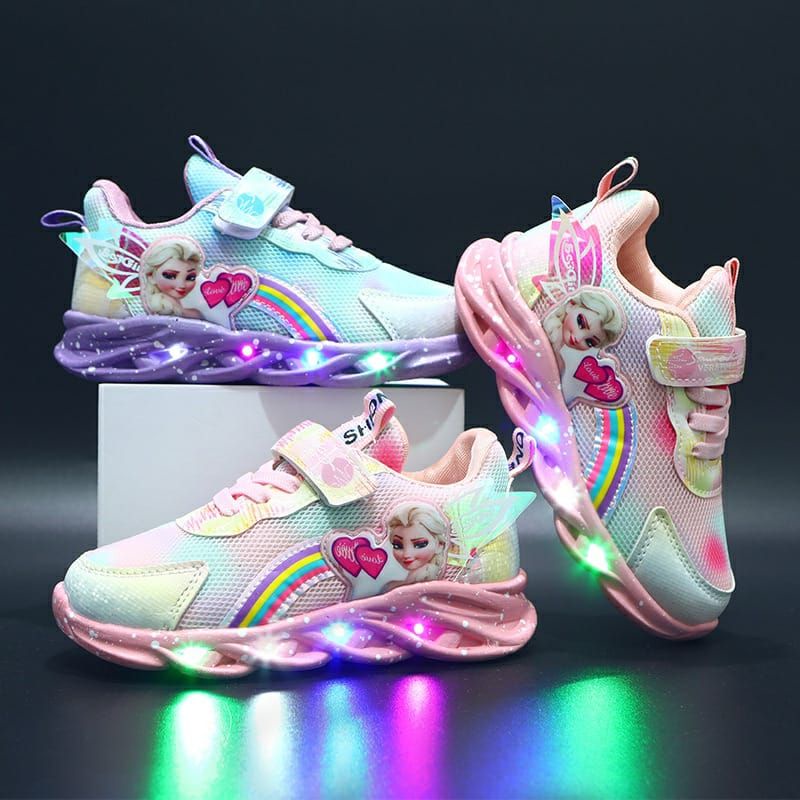 Sepatu Sneakers LED Frozen Elsa Anak Perempuan Sekolah TK SD Lampu Nyala Cantik