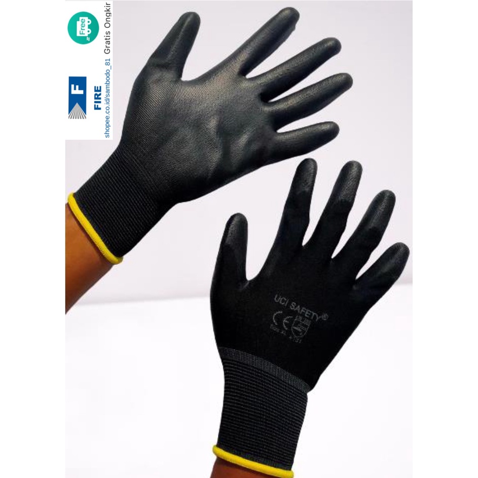 Sarung Tangan Dilapisi Karet Industri Pabrik Uci Safety Motor Bengkel otomotif Bagunan Coating Karet Pengaman kerja Packing PU Statis Multitask Karet Palm Fit Ukuran S,M, L, XL Proyek