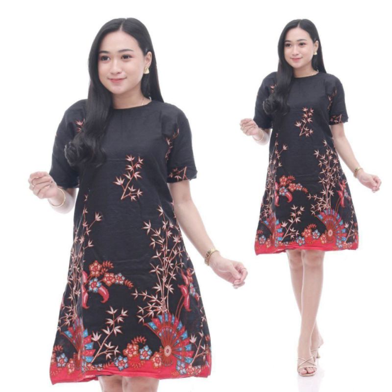 DRESS BATIK LENGAN PENDEK WARNA MERAH/ BAJU ATASAN WANITA UKURAN : M,L,XL,XXL