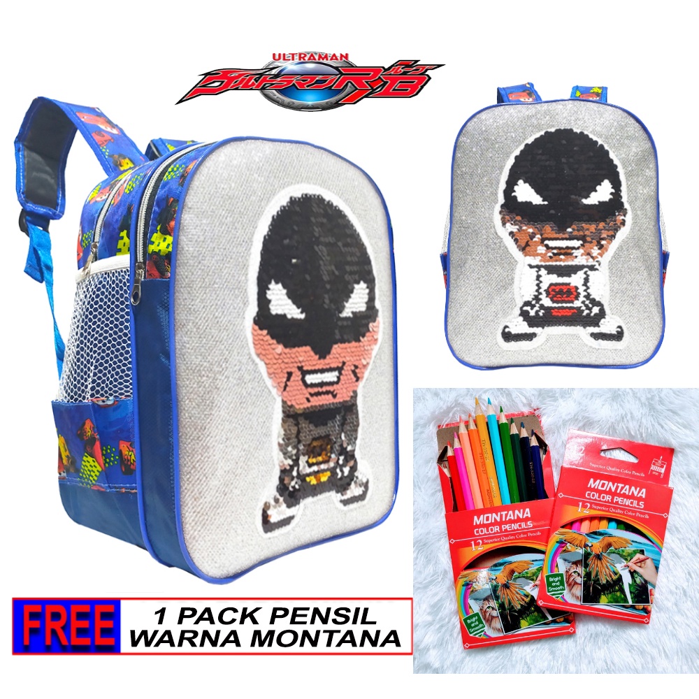 Tas Sekolah Anak Laki-Laki PAUD/TK Ransel Sequin/Usap karakter ULTRAMAN FREE PENSIL WARNA 1 PACK