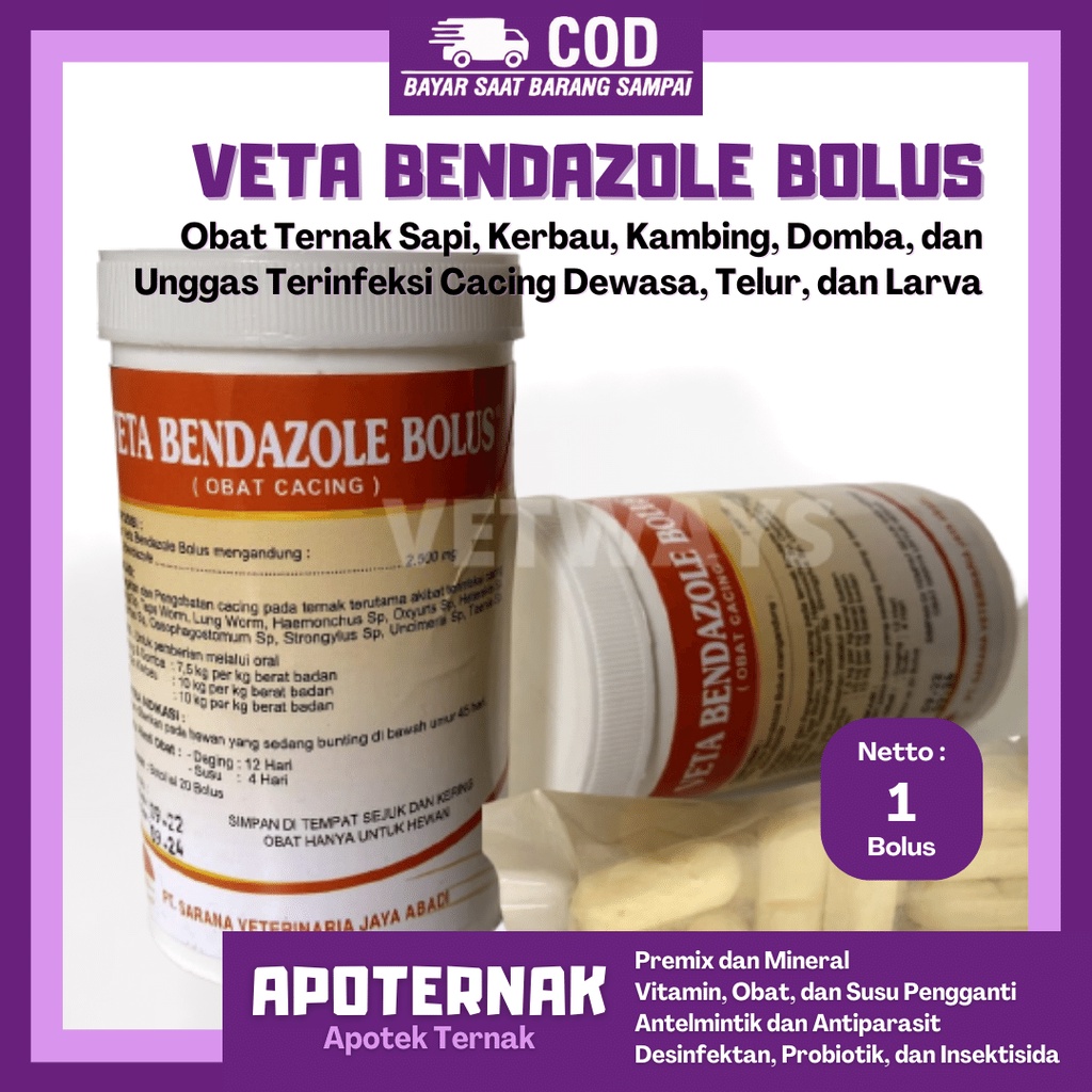 VETA BENDAZOLE @1 Bolus | Obat Cacing Sapi Kambing Kuda | Albendazol 2500 mg | Seperti Verm-O Sanbe | Apoternak