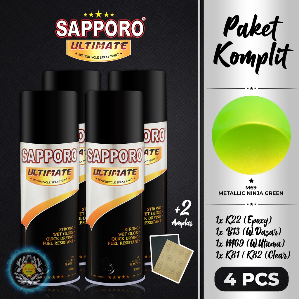PAKET M69 METALLIC NINJA GREEN SAPPORO ULTIMATE CAT SEMPROT 400 ML CAT MOTOR AEROSOL PYLOX HIJAU MET