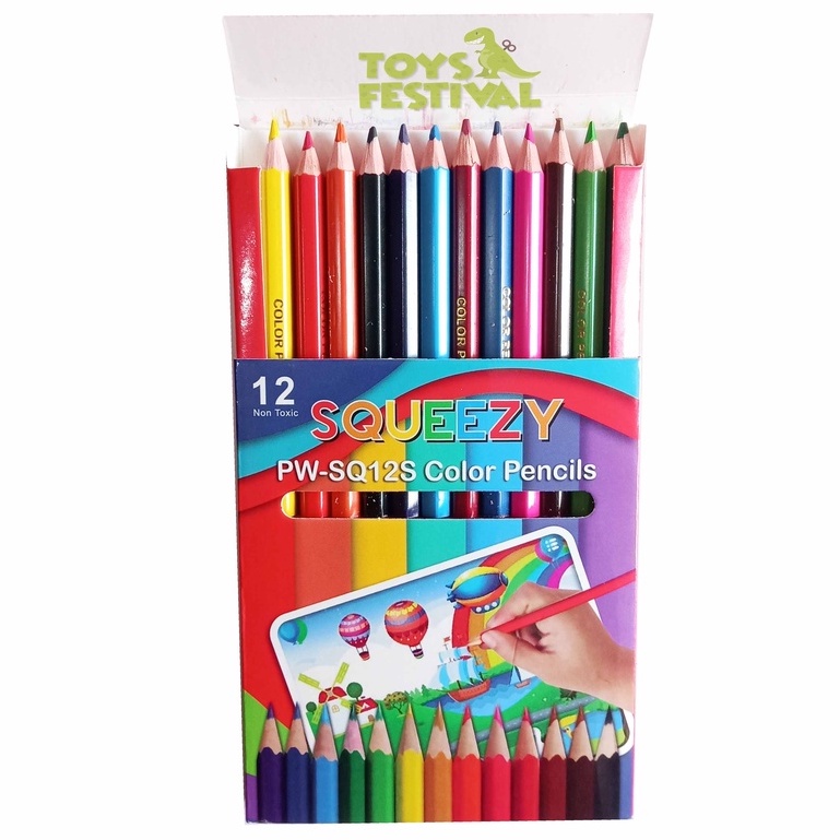 Isi 12 pcs Pensil Warna Squeezy Ukuran Pendek Multiwarna