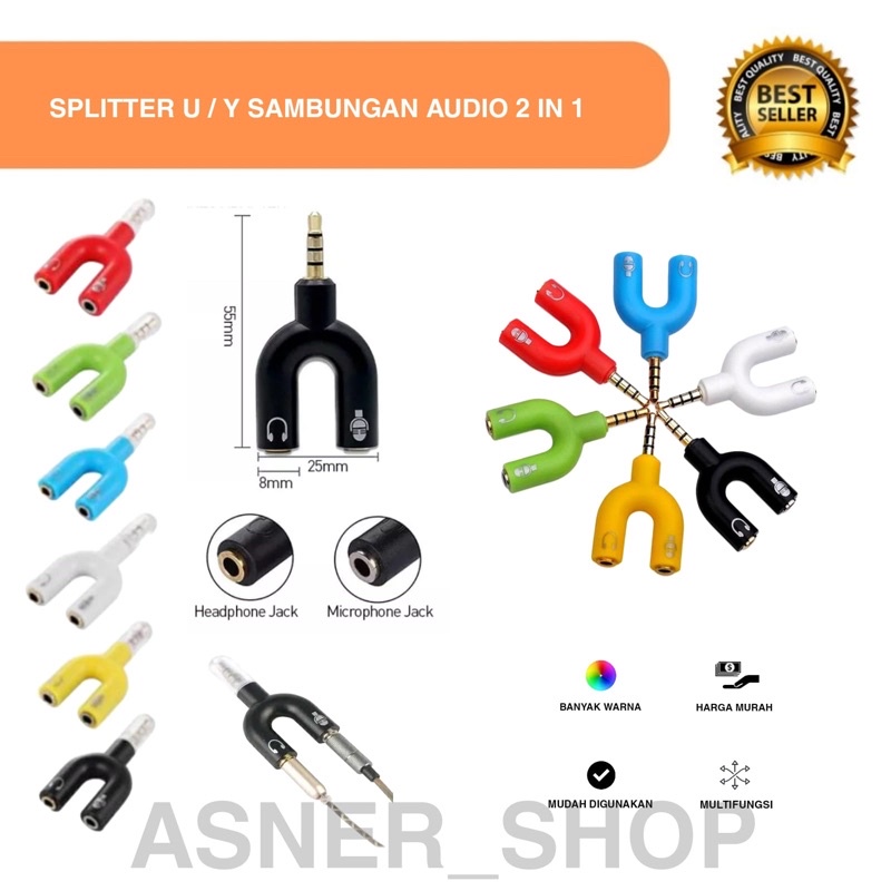Spliter U / Y splitter Sambungan Headset Mic Audio Suara