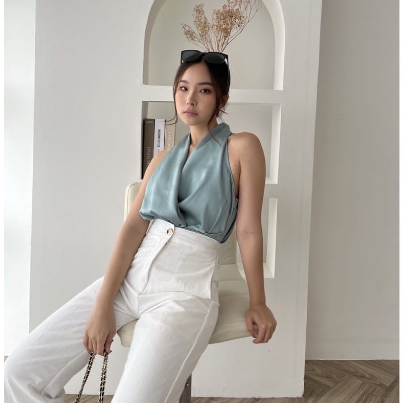 JENNY SATIN TOP KOREA MINT GREEN - ATASAN PESTA SATIN - TOP BASIC MEWAH V-NECK - TOP SEXY - ATASAN UNTUK KONDANGAN - HADIAH / KADO ULTAH CEWEK