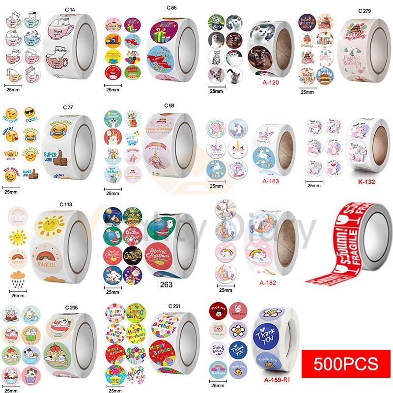 

500pcs/roll stiker thank you kartun lucu/terima kasih/selamat ulang tahun/selamat natal stiker menyenangkan liburan manual printing self adhesive seal sticker jualan label VDY