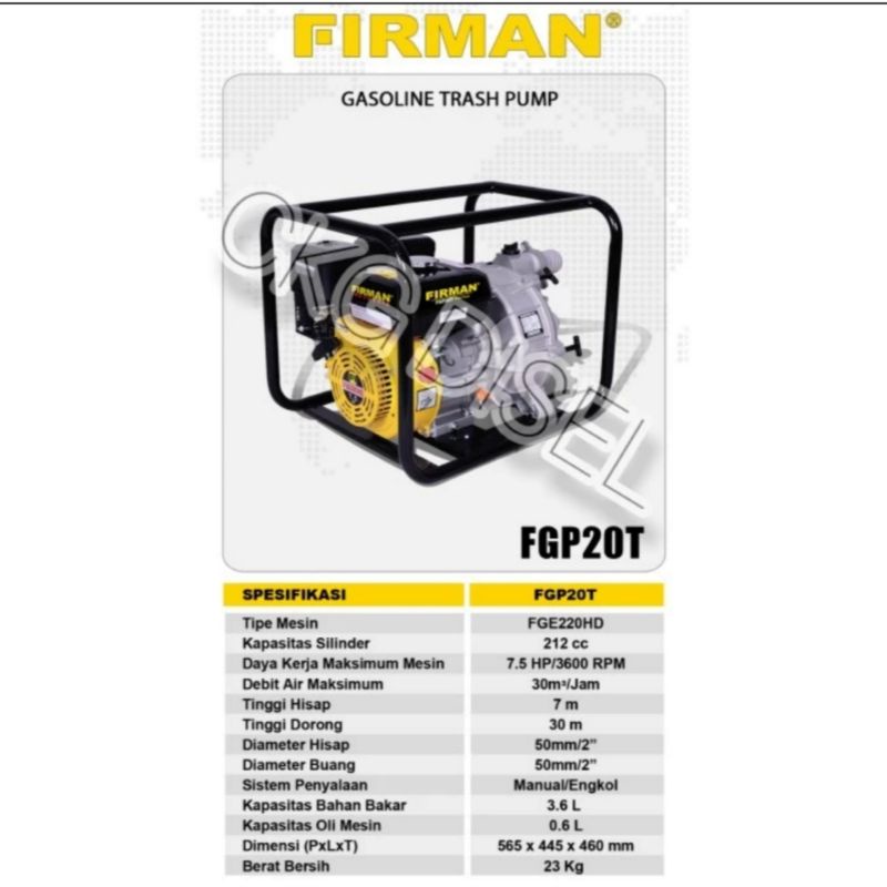 Mesin Pompa Lumpur 2 Inch Bensin Trash Pump Firman FGP 20 T Terbaik
