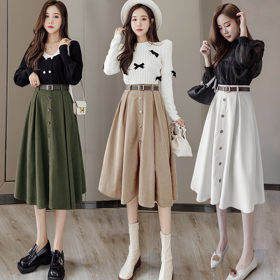 KARAKOREA 9856 Loona Skirt + Belt (Rok autumn/Rok Midi/Rok Kerja/ Midi Skirt)/Rok Korea Skirt