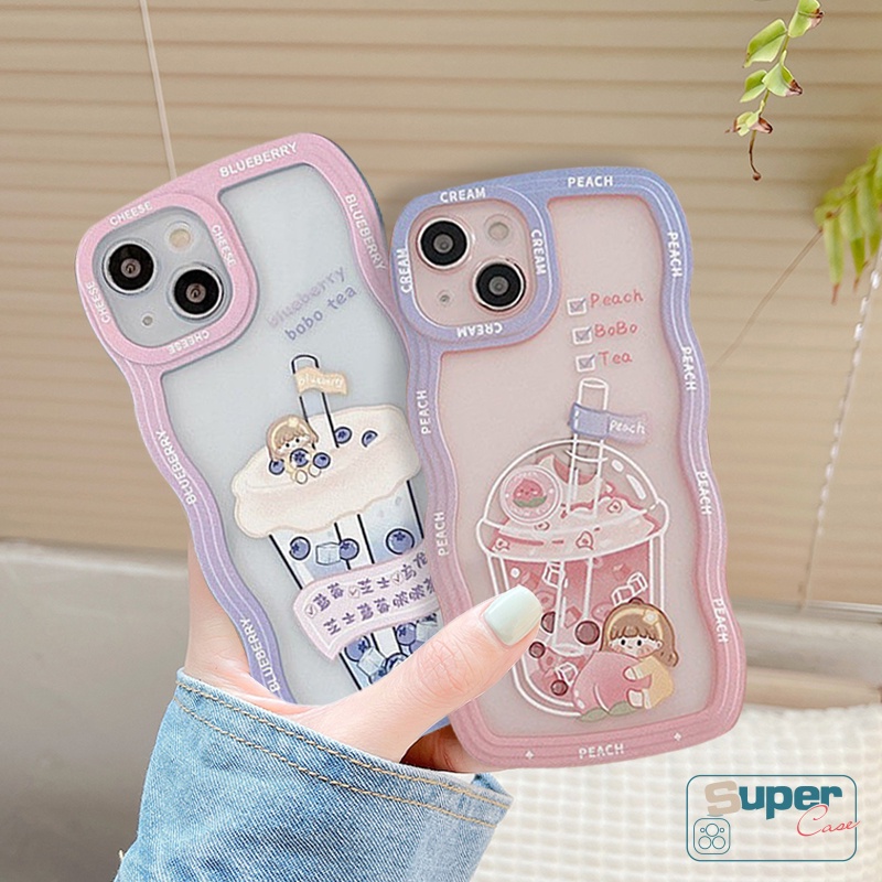 IPHONE Casing Wavy Edge Soft Case Kompatibel Untuk Iphone11 14 12 13 Pro Max6 6s 7 8 Plus XR 14 Plus X XS MAX SE 2020 Gadis Manis Teh Susu Air Berkilau TPU Shockproof Cover