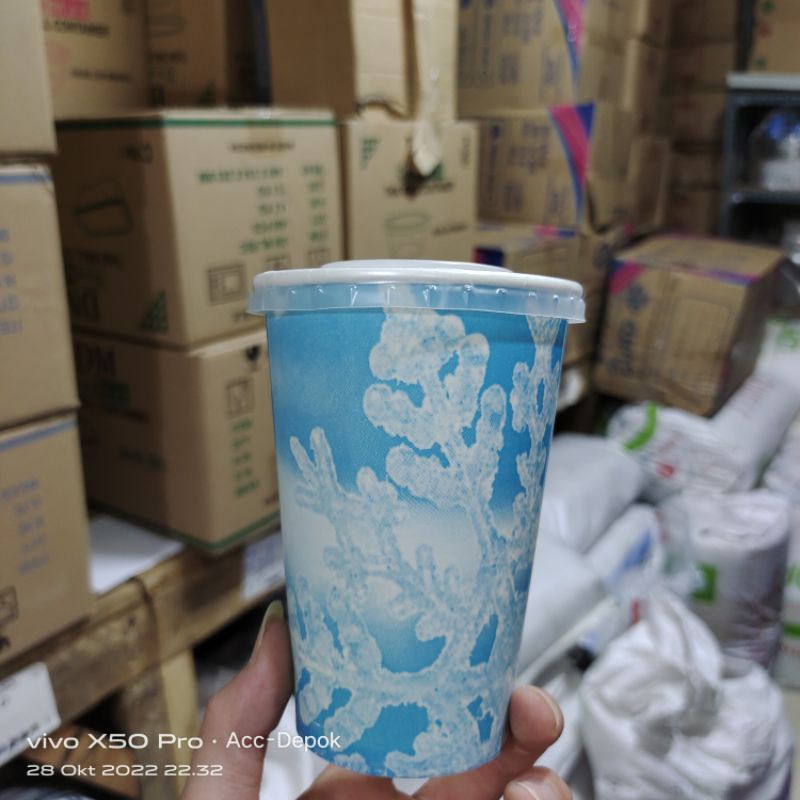 GELAS PAPER CUP MOTIF COOL + LID / GELAS KERTAS 16OZ + TUTUP ISI 50 SET