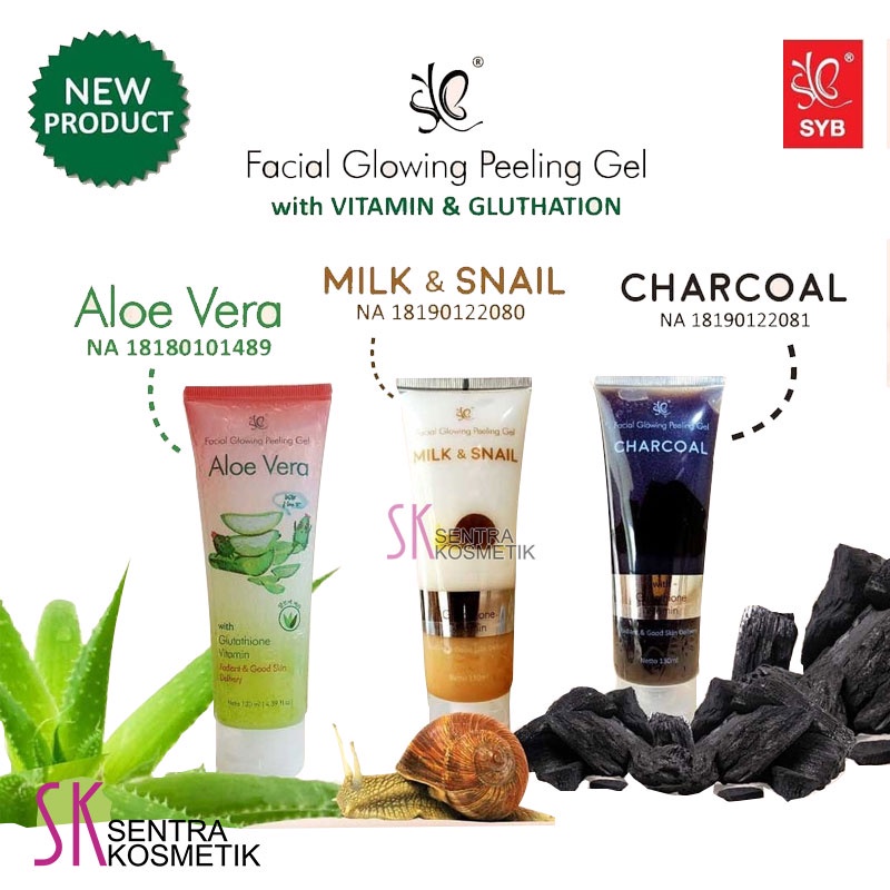 SYB Facial Glowing Peeling Gel Charcoal / Aloevera / Milk &amp; Snail 130ML BPOM