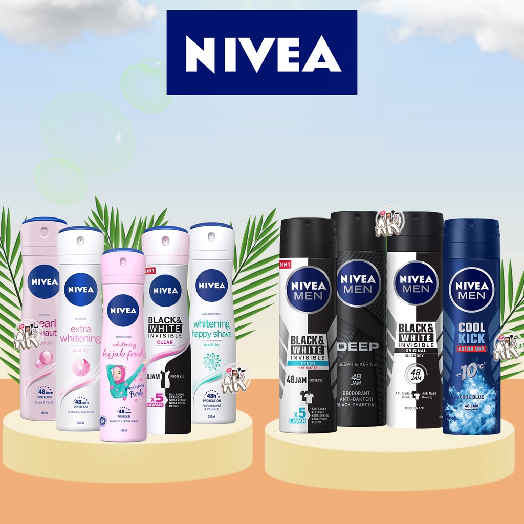NIVEA DEODORANT SPRAY SERIES FOR MEN / WOMAN ( DEEP / INVISIBLE BLACK &amp; WHITE / COOL KICK / INVISIBLE FRESH / WHITENING FRESH HIJAB / EXTRA WHITENING / WHITENING HAPPY SHAVE / BLACK AND WHITE / PEARL BEAUTY ) 150ML