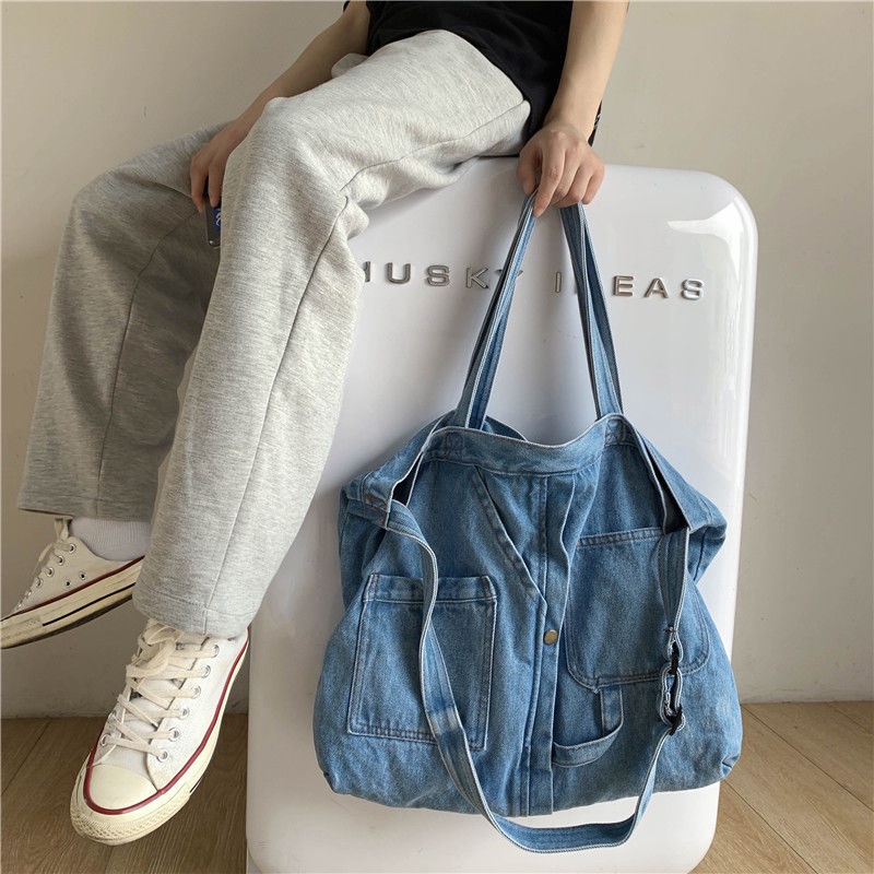 ☫◊Tas Kanvas Kapasitas Besar Wanita Messenger Bag Denim Jepang Versi Korea Tas Besar Tas Kanvas Tas Bahu Siswa