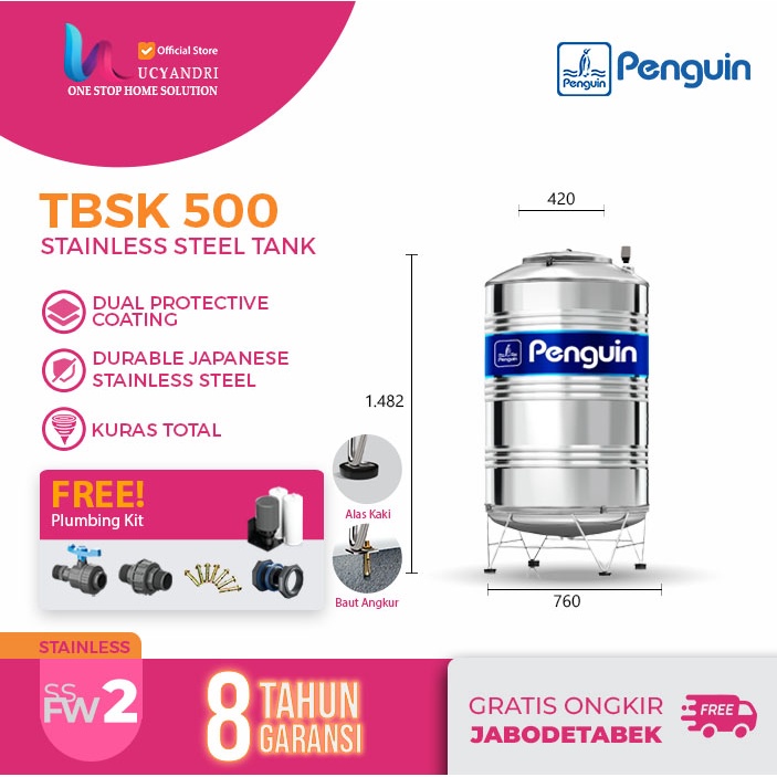 Tangki Air  Penguin Stainless TBSK 500 STAINLESS STEEL / Toren Air / Tandon Air