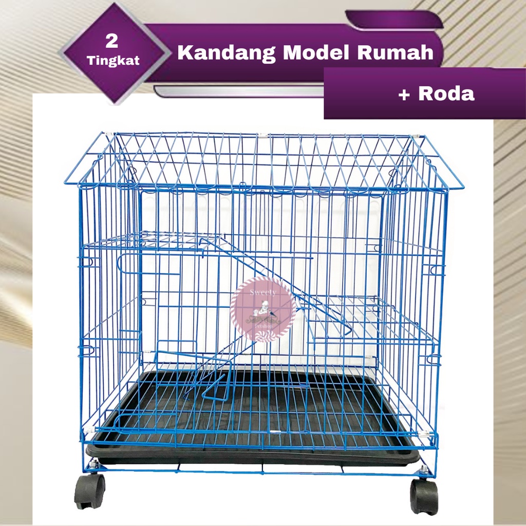 KANDANG KUCING 2 TINGKAT MODEL RUMAH 60X40X70 + RODA
