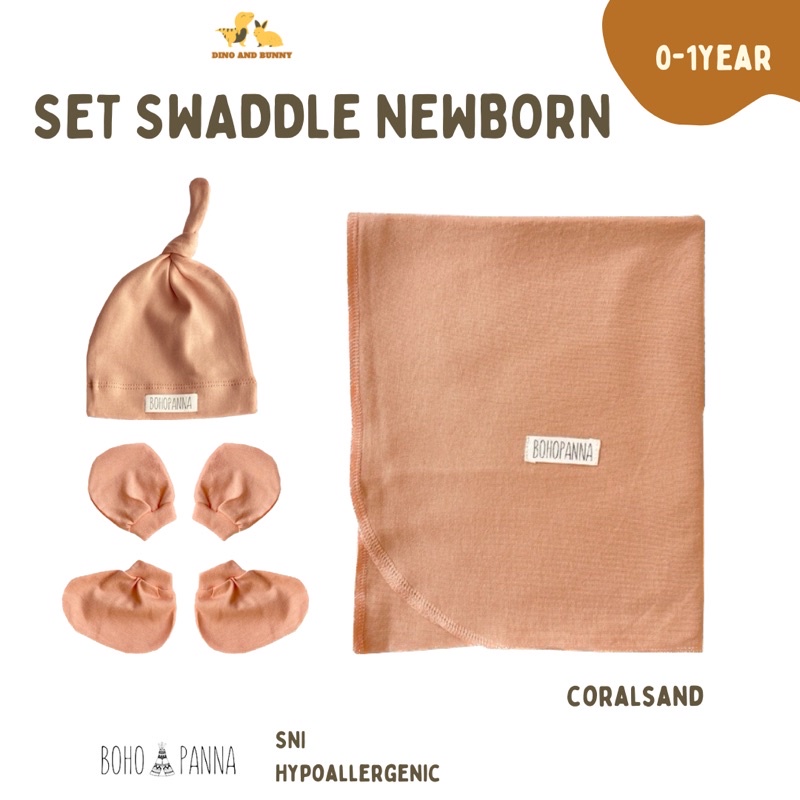 SET SWADDLE +  KNOT HAT + MITTEN BOOTIES + FREE POUCH - Special Bundle 3 in 1 - Bohopanna -Hempers Newborn Set Bedong Topi Sarung Tangan Kaki Bayi - Selimut Bayi