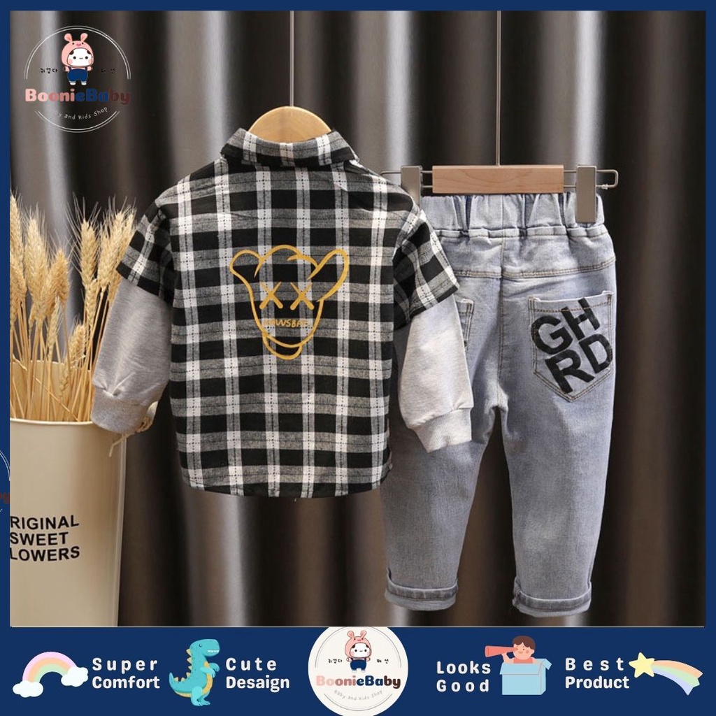 boonie SET NO DS JEANS EBV Setelan Kemeja Bayi anak Laki-laki import Lengan panjang Berkualitas