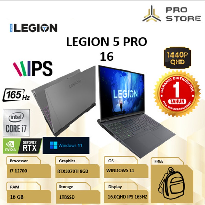 LAPTOP GAMING LENOVO LEGION 5 PRO 16 RTX3070TI 8GB QHD IPS 165HZ I7 12700 RAM 16GB 1TB SSD WIN11