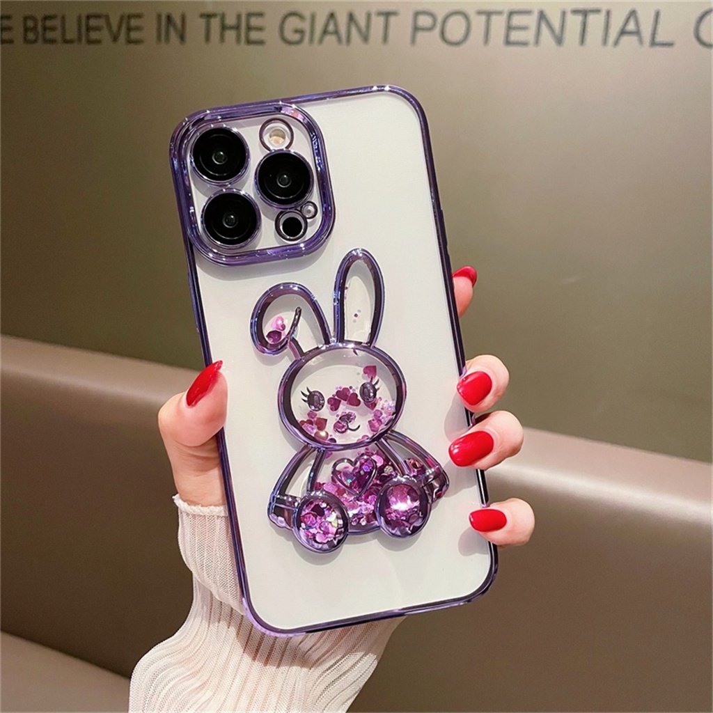 Case Pelindung Kamera Desain Kelinci 3D Warna Ungu Tahan Banting Untuk iphone 14 pro max 14 plus 11 12 13 pro max