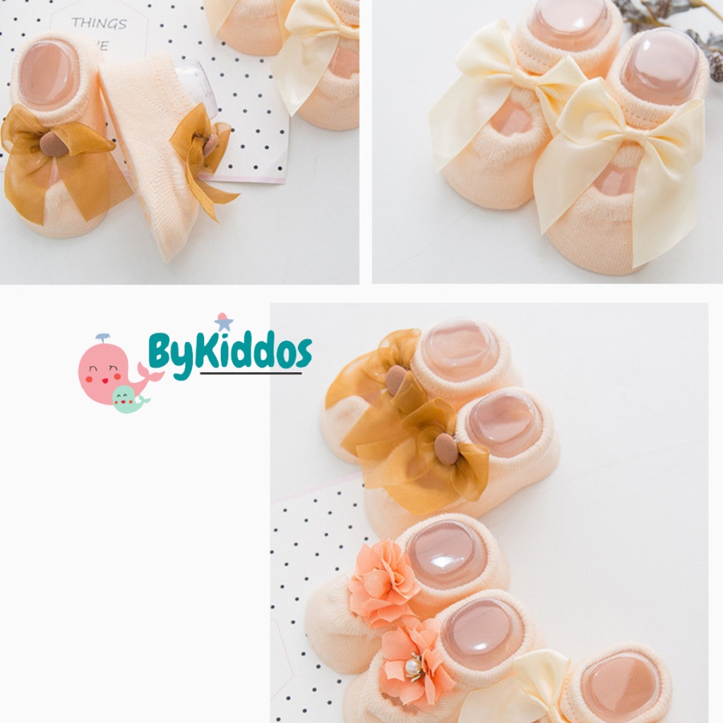 ByKiddos - Kaos Kaki Bayi Perempuan Newborn 0-6 Bulan Import Kualitas Premium Korea Motif 3 Jenis Bunga Pita