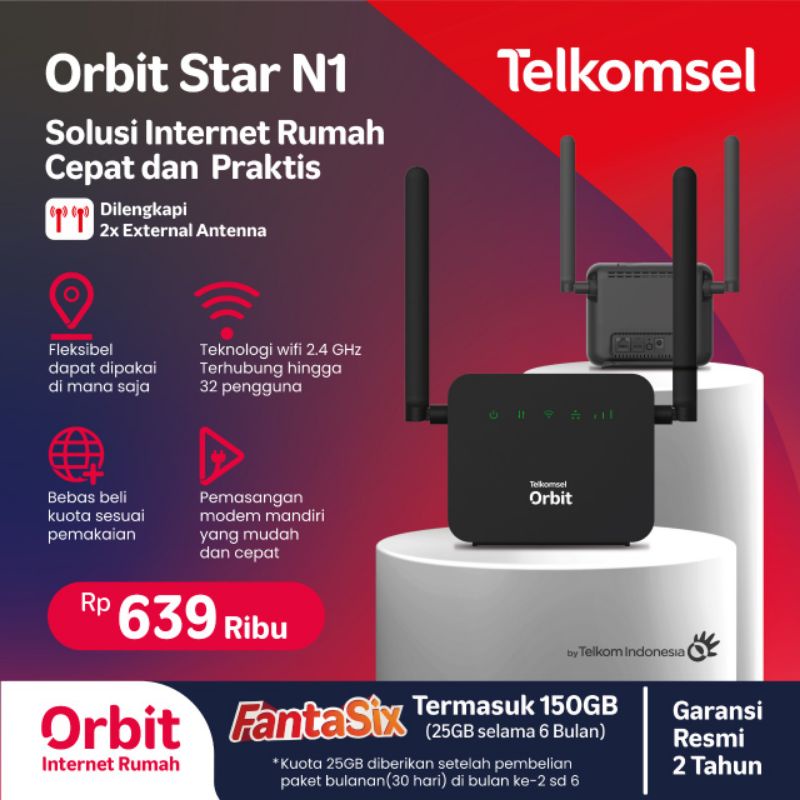 Telkomsel Orbit Star N1 Modem WiFi 4G High Speed Free 150GB + Antena