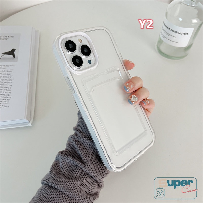 3in1 Soft Case Kartu Kredit Shockproof Warna Permen Polos Untuk iPhone 11 13 12 14 Pro MAX 7Plus 8Plus XR 7 8 6 6S Plus X XS MAX SE 2020