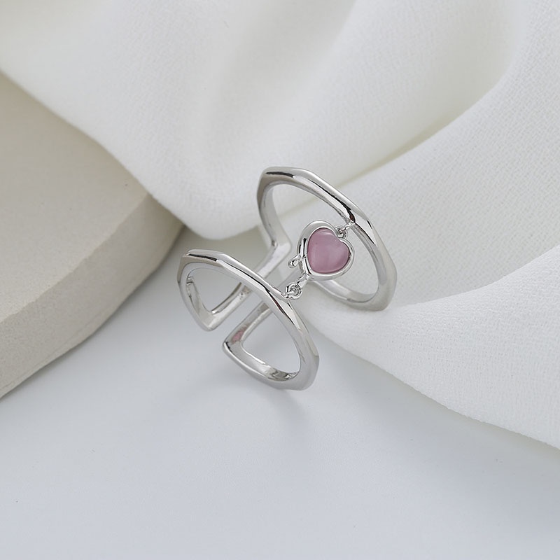 Cincin Model Terbuka Dua Lapis Bentuk Hati Warna Silver Untuk Wanita