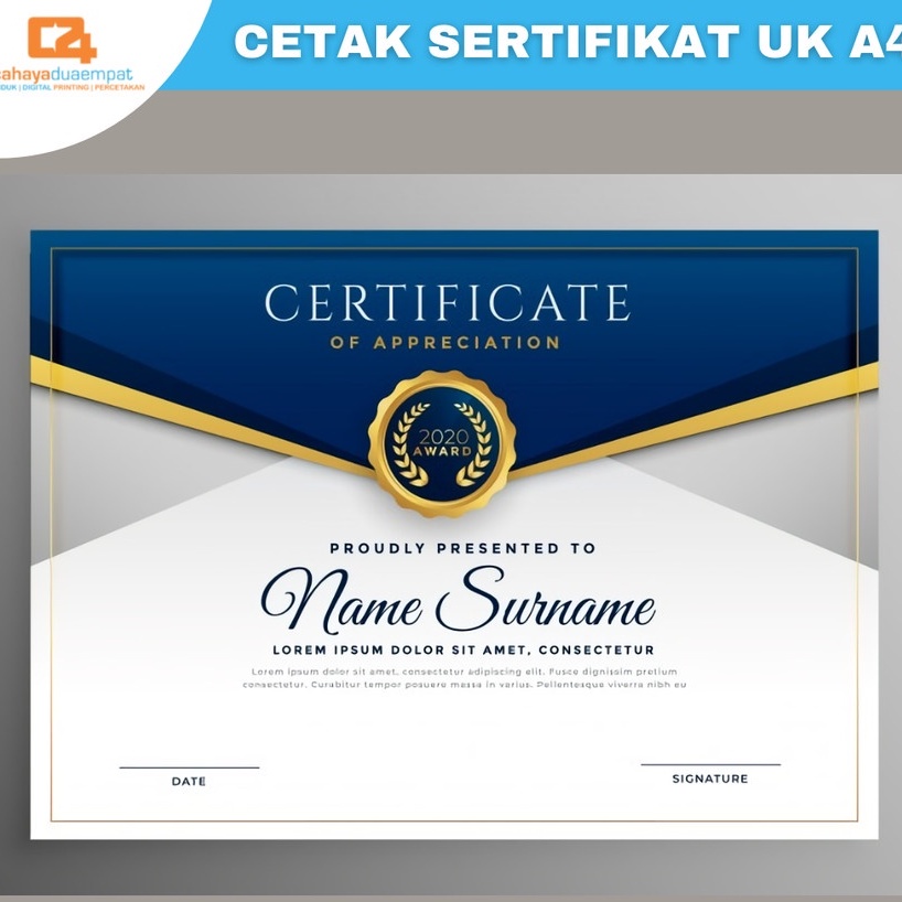 

Cetak Print Sertifikat Ukuran A4 1 Sisi